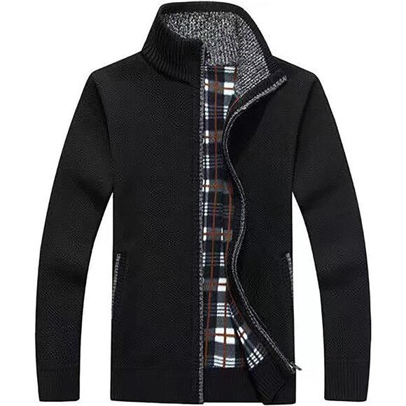 Men's Black Casual Slim Full Zip Knitted Polyester Cardigan Sweater with Pocked - Picture 1 of 5